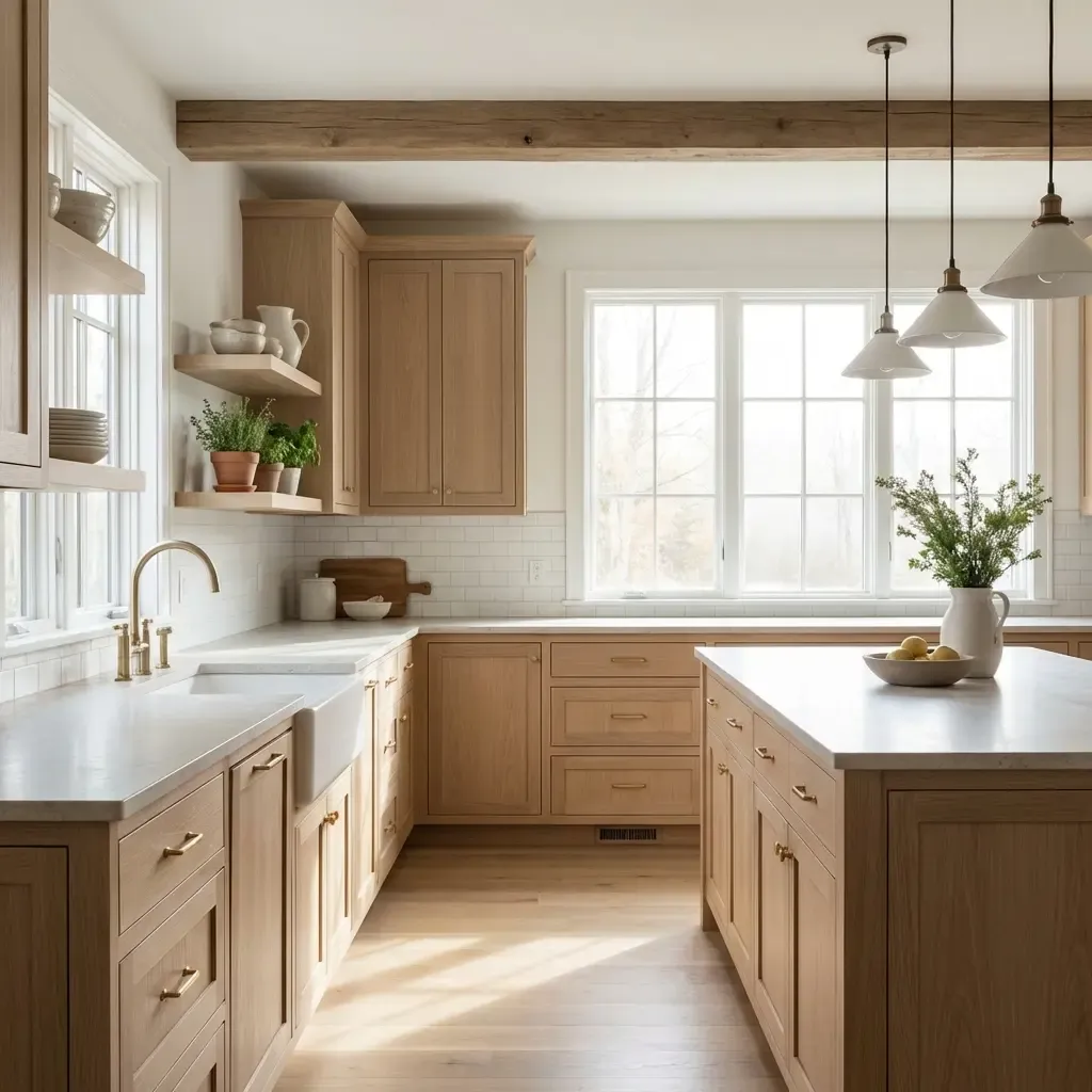 Completed luxury Miami custom kitchen with warm walnut and white two-tone cabinetry