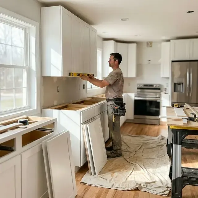 Miami cabinet installer leveling a custom upper cabinet during a mid-installation kitchen project